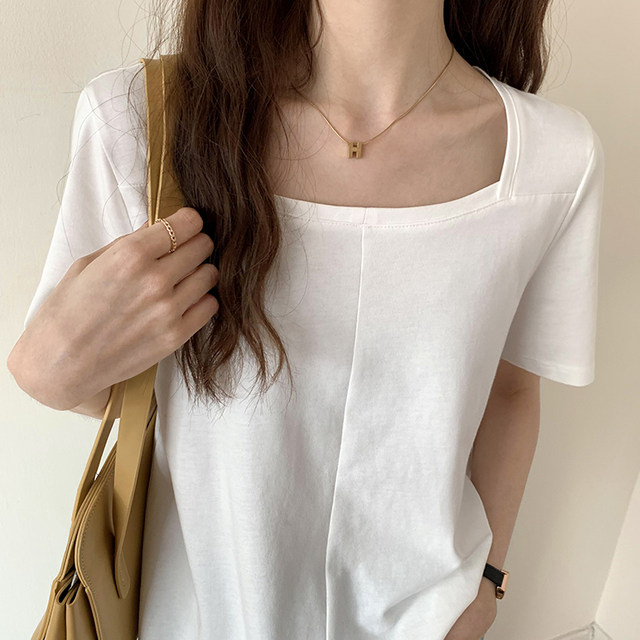 Solid color T-shirt women's short-sleeved 2022 new square collar small man French self-cultivation design feeling niche foreign style top summer