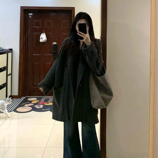 Suseyiku lazy style loose hooded knitted cardigan large pocket raglan sleeves thickened warm sweater jacket