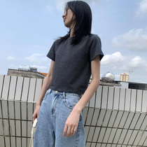  Umbilical slim striped short-sleeved t-shirt womens 2021 summer short-sleeved leaky navel Korean version of student pure cotton bottoming shirt