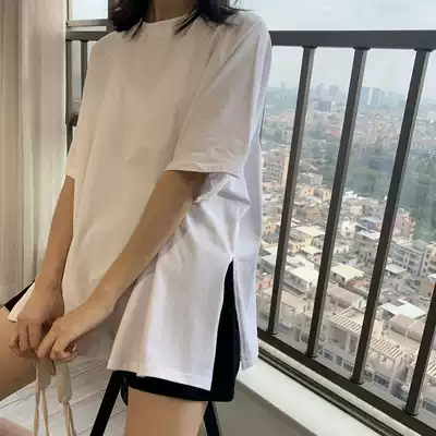 Pure cotton white T-shirt women's short sleeve ins tide loose harbor wind chic Super fire split Net red half sleeve foreign pie top summer summer