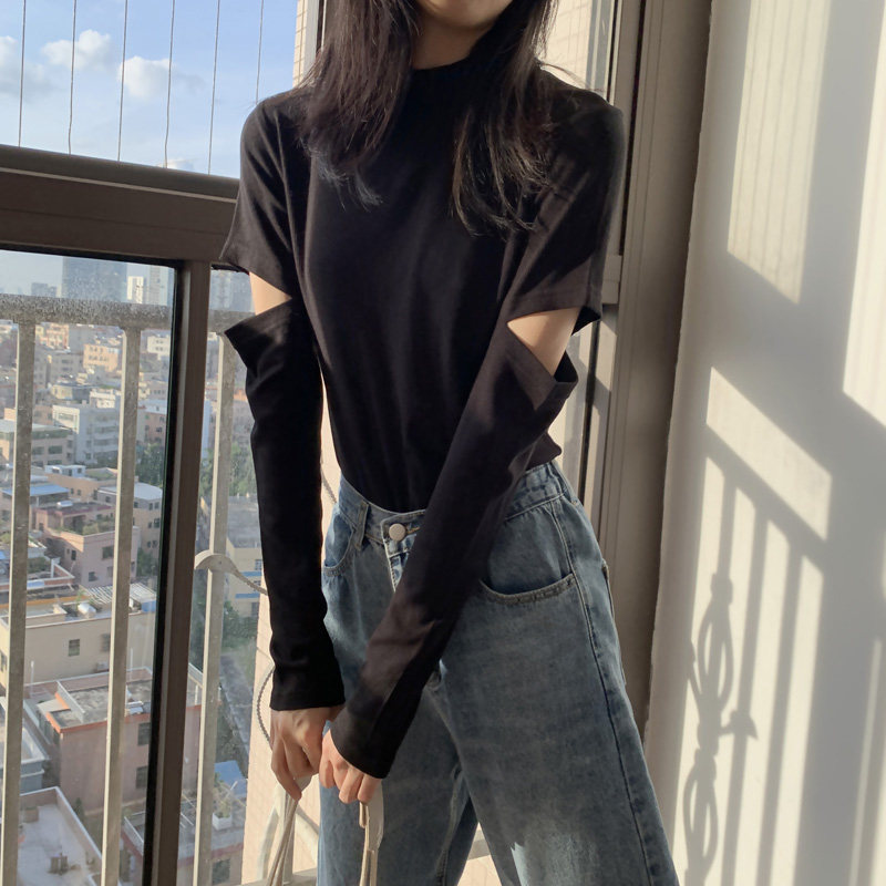 Black bottom shirt women elbow holes tight show thin half turtleneck top cotton long sleeves T-shirt students fashion