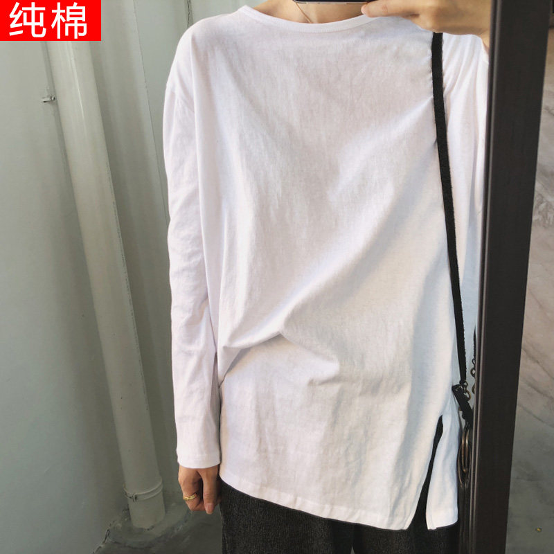 Spring and autumn clothes Korean version of round collar white T-shirt female long sleeve medium long version of blouse loose 100 lap pure cotton inner hitch bottom shirt