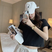 Black t-shirt womens short-sleeved ins tide short section 2021 spring and summer tight cotton high-waist umbilical Hong Kong wind watch out for machine tops