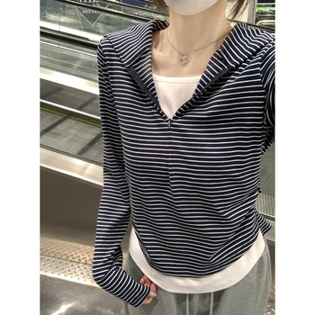 Suseyiku Autumn and Winter Korean Style Design Fake Two-Piece Color-Block Striped Shawl Long-Sleeve T-Shirt Base Shirt Top for Women