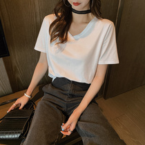 Solid color V-neck short-sleeved t-shirt female student loose all-match summer 2021 new ins half-sleeved cotton bottoming small shirt tide