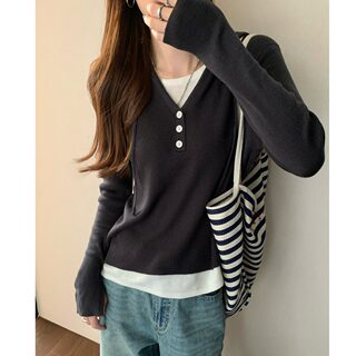 Suseyiku Autumn and Winter Korean Style Elegant Color-Blocking Fake Two-Piece Hooded Wool Knit Sweater Long-Sleeve Inner Sweater for Women