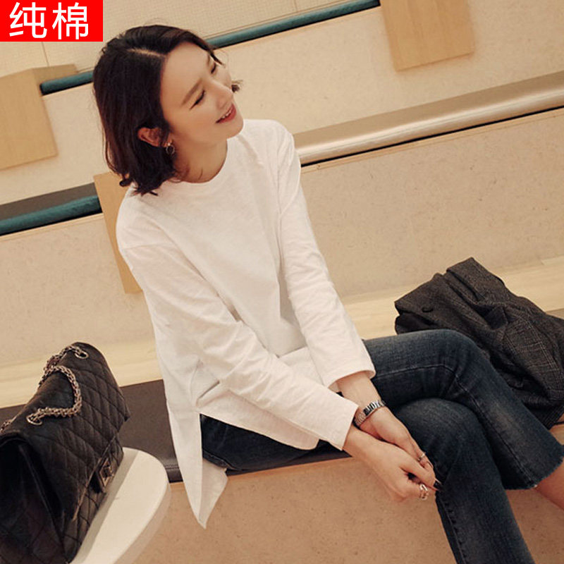 White T-shirt woman long sleeve medium long version Korean version easy to beat undershirt pure cotton round collar open fork blouse with velvet dush