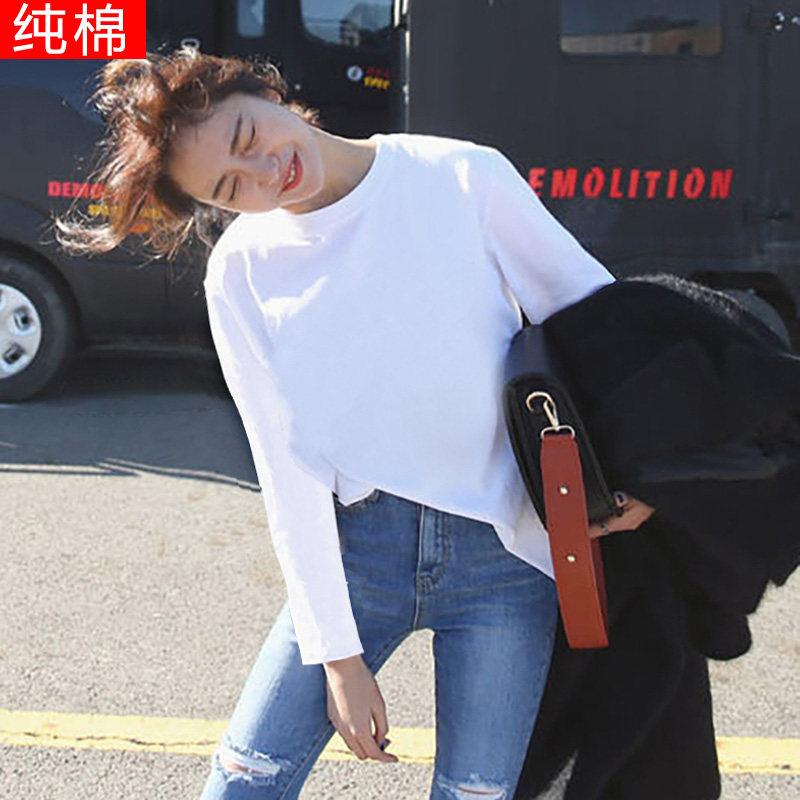 Brief Student Spring Autumn Pure White Long Sleeve T-shirt Woman Round Collar Loose Pure Cotton Pure Color Inner Lap 100 lapped Han casual