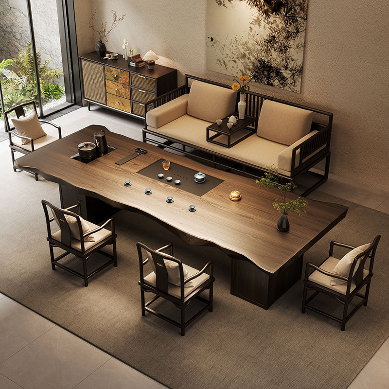 Jizeng Song Dynasty Aesthetic Solid Wood Large Board Luohan Bed Tea Table and Chair Set High-End 2026 New Model Zen-Style Home Tea Table