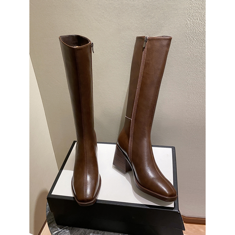 Full Leather Brown Long Boots for Women 2025 Autumn and Winter New Genuine Leather High-Top Riding Boots Chunky High Heel Large Size Boots 41