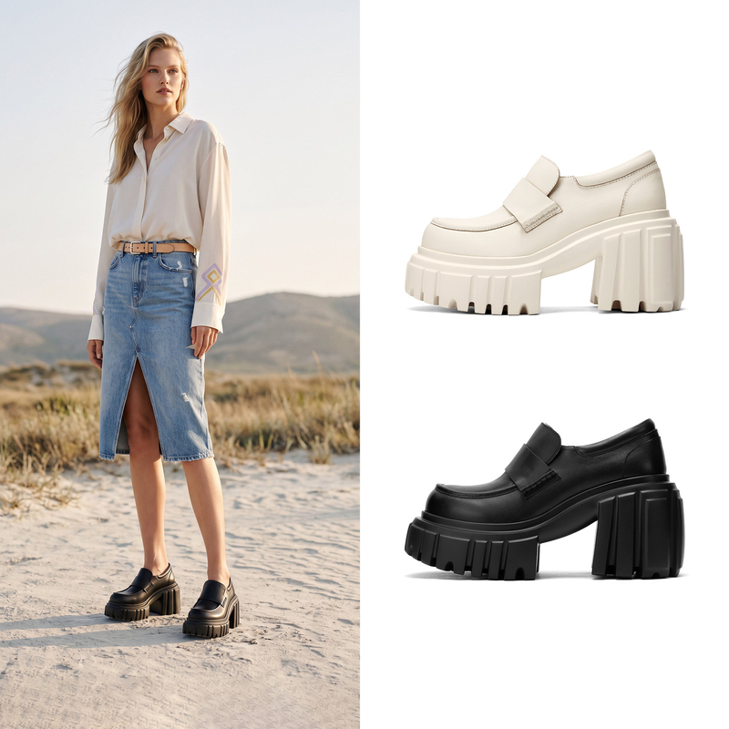 【Lego Legs】Jooc Nine Steps Cowhide Super Thick Sole Loafers Chunky Heel High Heel Height-Increasing British Retro Shoes