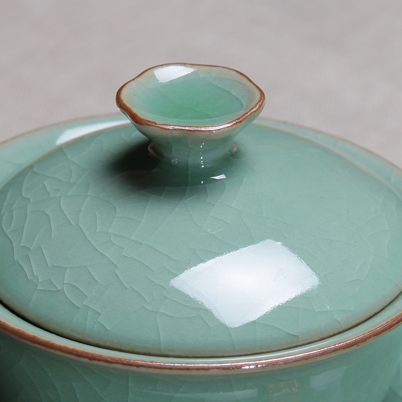 Auspicious blessing, longquan celadon tureen ceramic ice cracked piece of kung fu tea set item three large tea cup bowl