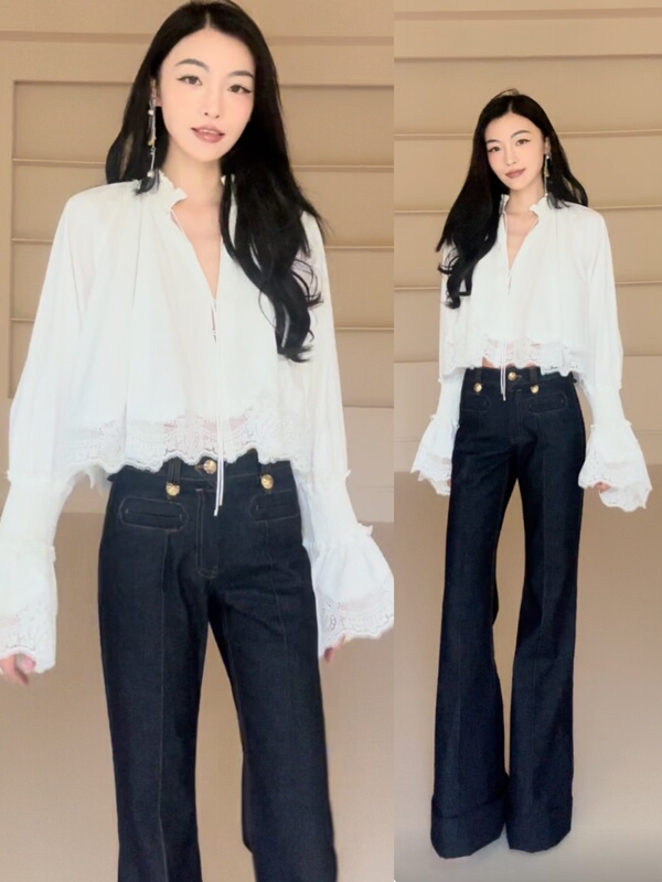 Lace Patchwork V Neck Cotton Shirt Lace Patchwork V Neck Cotton Shirt
