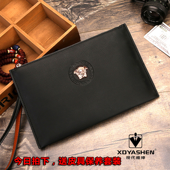 Handbag Genuine Leather Tide Casual Hands bag Men's Han version Soft Bull leather Large capacity clip handbag handbag Handbag Letter Enveloping