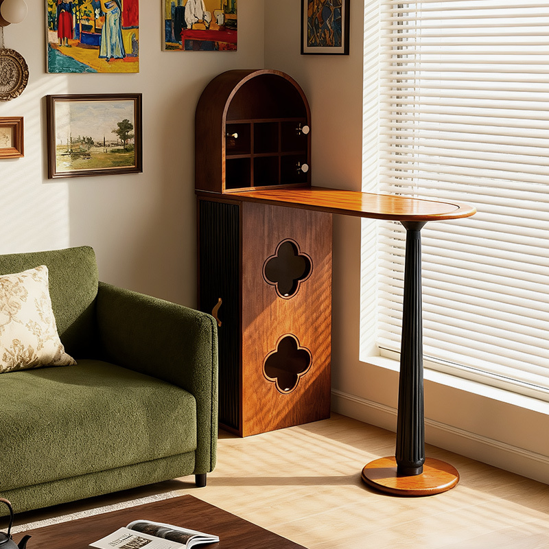 American-Style Solid Wood Bar Table for Home Use in Small Living Rooms, with a Vintage Retractable Storage Cabinet and Integrated Partition Narrow Bar Counter