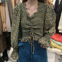 2021 new womens loose shirt slim long sleeve pullover niche design sense floral front wrinkle top