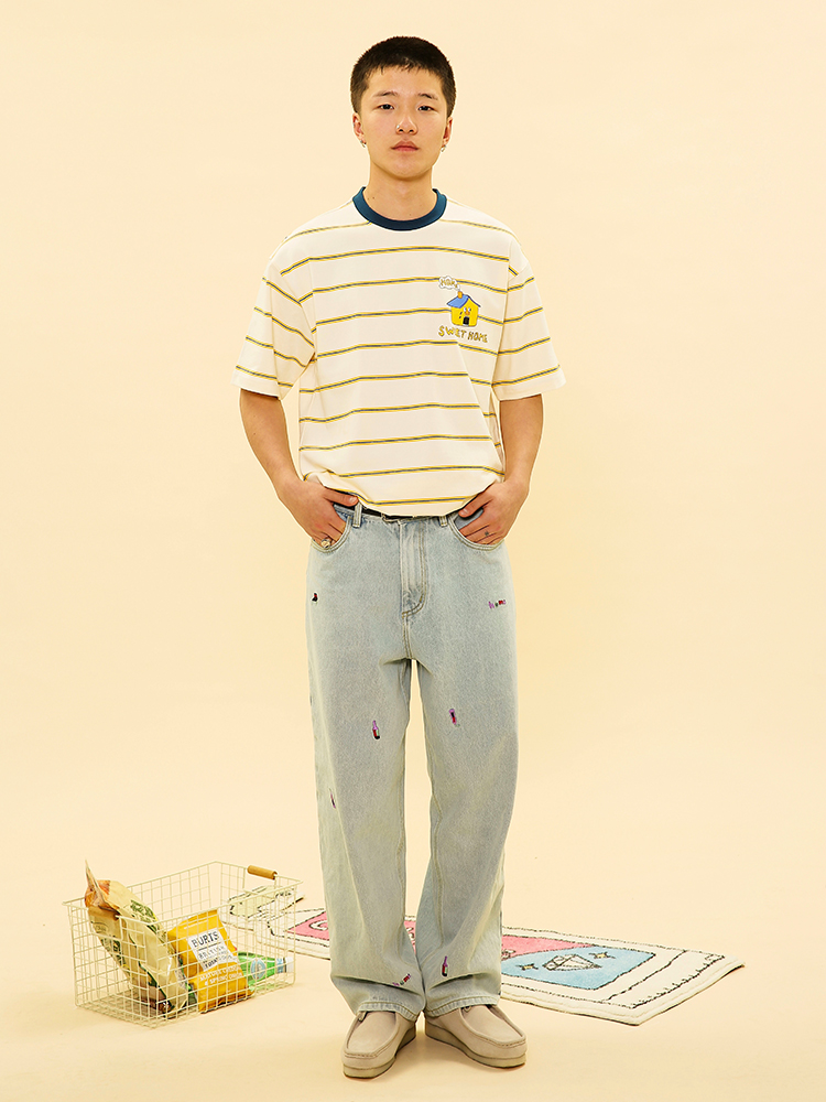 Candymade 21ss Sweet home series yellow horizontal stripe couple printed short-sleeved T-shirt