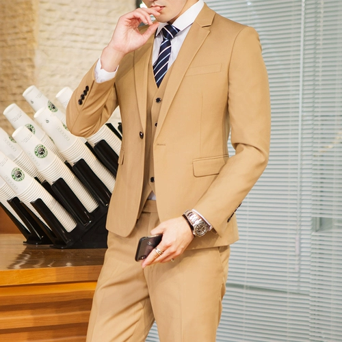 Мужской комплект, свадебное платье для отдыха, хаки классический костюм, пиджак классического кроя, 3 предмета, в корейском стиле