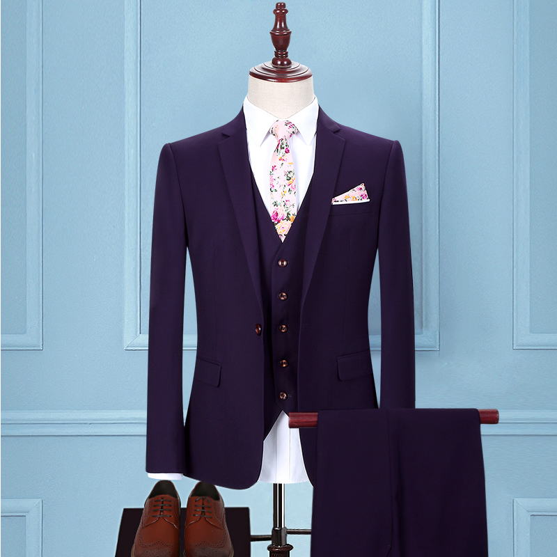 Men's Slim Four Seasons Suits Three-Piece Violet Groom Wedding Dress Business Casual Professional Dress