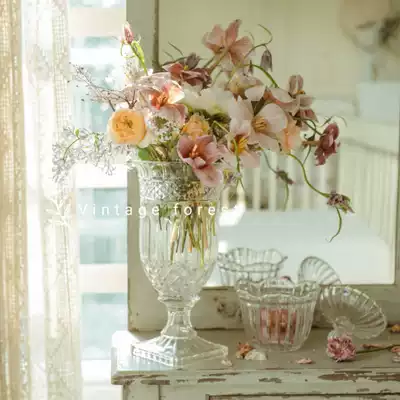 Export foreign trade retro relief light luxury crystal French transparent glass high foot vase fresh flower arrangement water cultivation flower lily