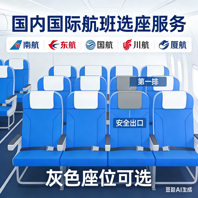 China Southern Airlines, China Eastern Airlines, Air China, Sichuan Airlines, Xiamen Airlines, Domestic and International Seats, First Row Safety Exit, Gray Seats Are All Available