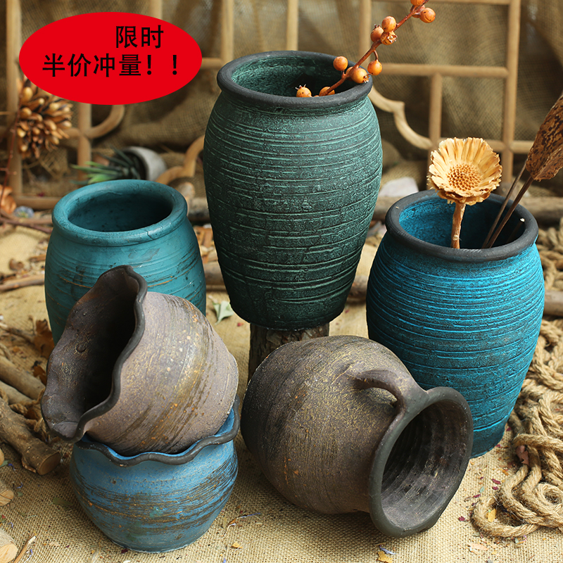 Handmade Earth Pottery Jar Coarse Pottery Red Pottery Basin Retro Multimeat Plant Old Pile Flower Pot Flower flower Breathable Master Clearance for Qingkura Special Price