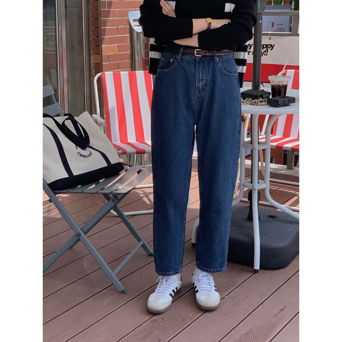 5siss dark blue high waist straight jeans women's spring and autumn new loose slim cotton wide-leg nine-point pants