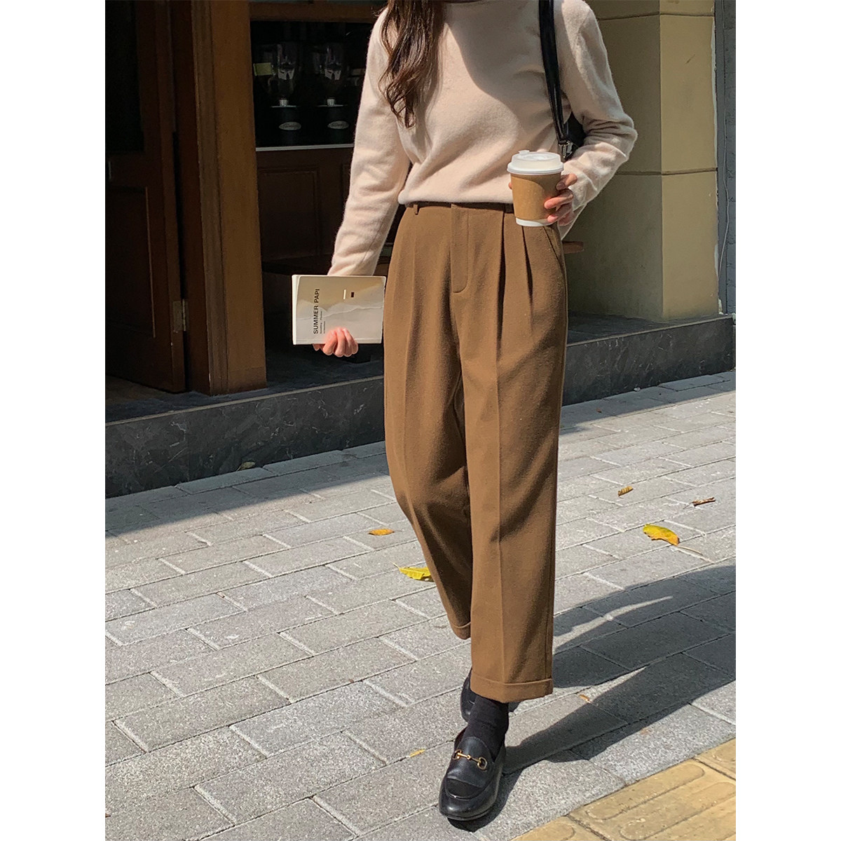 5siss commuter all-match high waist straight casual pants women's 2022 winter woolen loose slim nine-point pants small man