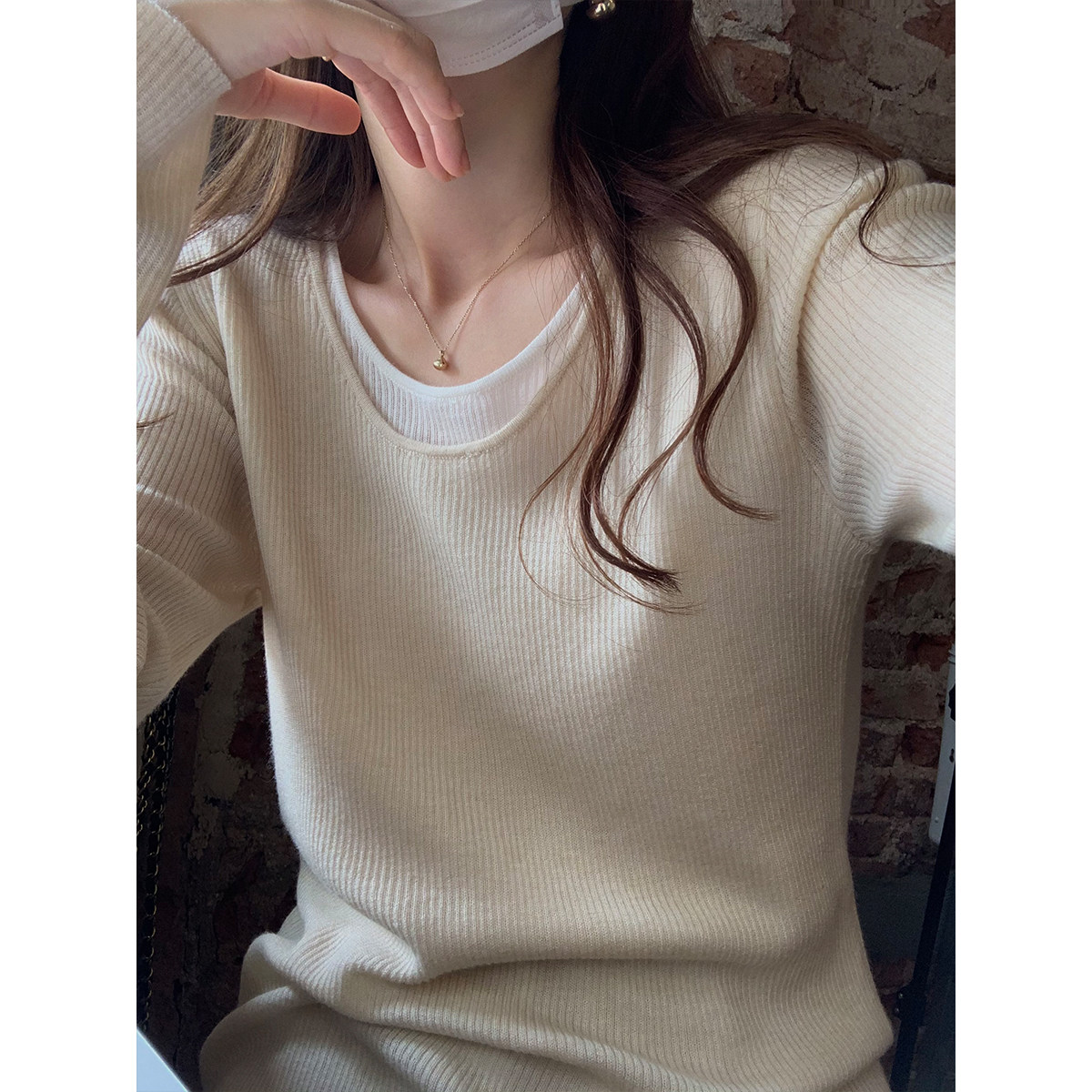 5siss temperament soft waxy wool knitted bottoming shirt women's early autumn new fake two-piece long-sleeved slim-fit inner top