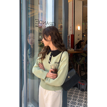 5siss Collision Color Polo Collar shorts Knitted Shirts Women 2022 Winter new loose 100 hitch embroidered sweater