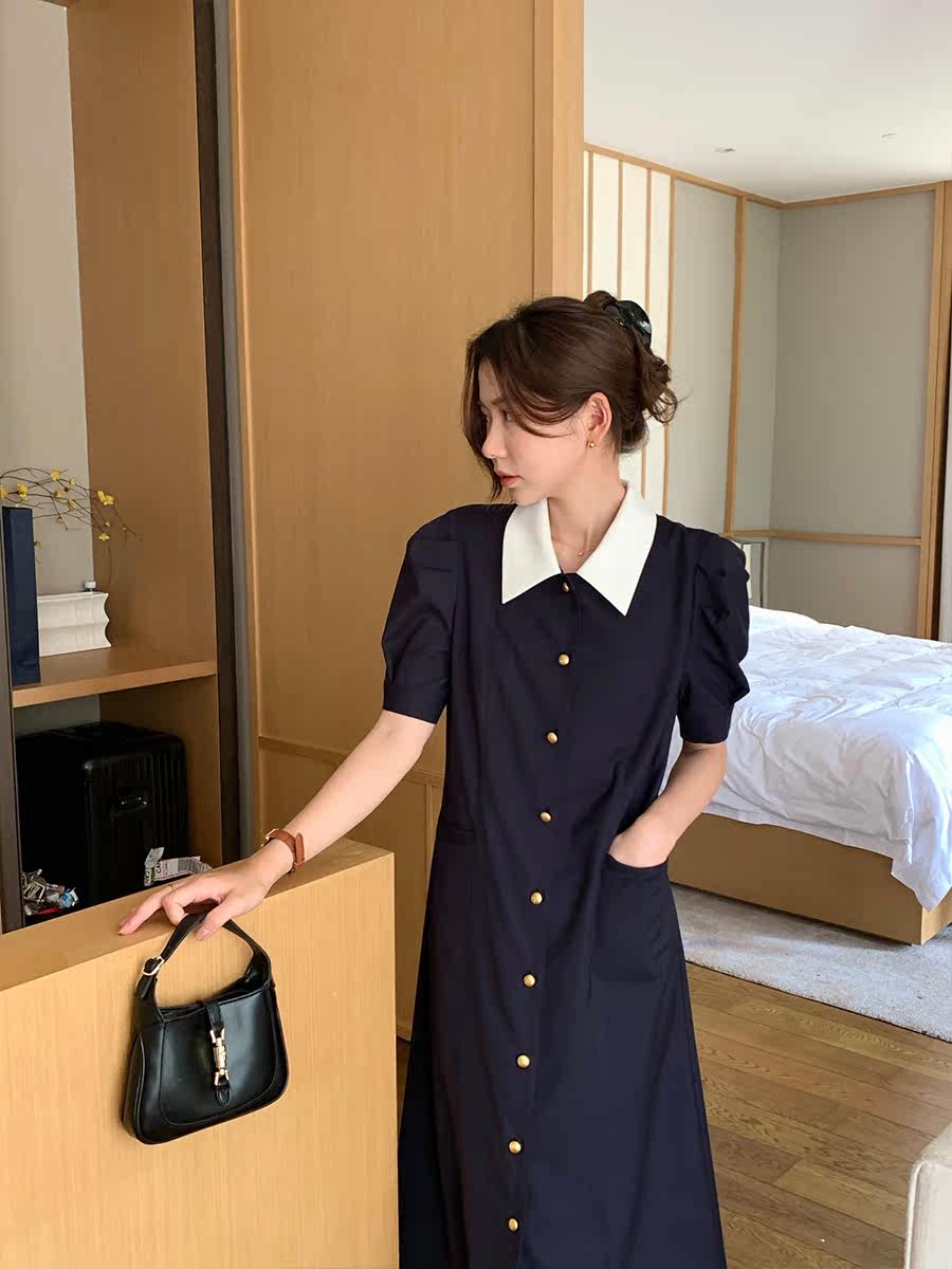 5siss Temperament light and familiar style dress women's summer Korean version single-breasted waist slimming mid-length a-line skirt