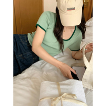 5siss temperament ice wire knitted short sleeve T-shirt Summer 2022 new high - colour skinny collar shirt