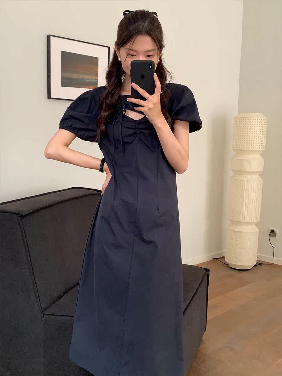 5siss Niche Design Sense Tie Dress Feminine Waist Slim Puff Sleeve Mid-length Skirt Summer