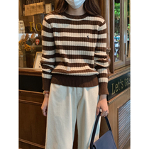 5siss Lazy Striped Knit Sweater Womens Autumn and Winter New Loose Round Neck Soft Waxy Pure Sweater Long Sleeve Top