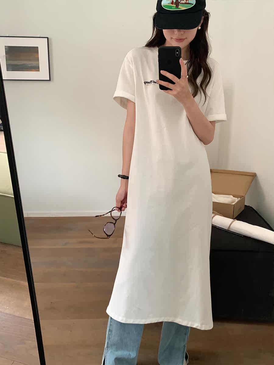 5siss letter print short-sleeved t-shirt skirt female small Korean version loose straight tube was thin over the knee dress summer