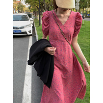 5siss French Orange Snow Spink Dress Female Summer New Waist V Bubble Sleeve Tea Dress