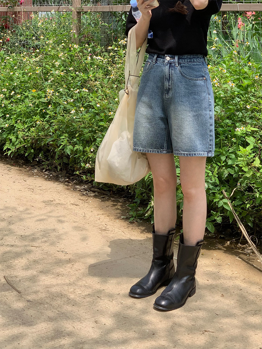 5siss retro high-waisted denim shorts women's summer thin section loose a-line wide-leg five-point pants trendy mid-pants