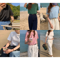 5siss 2022 spring new minimalist pure color short sleeve T-shirt female Korean version casual 100 hitch slim inner lap top