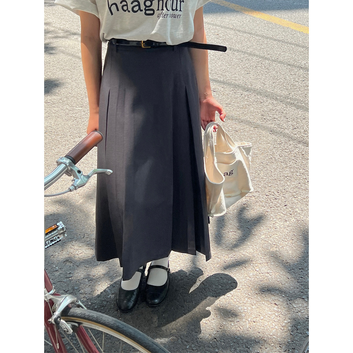 5siss temperament high waist mid-length skirt women's spring and autumn drape A-line long skirt irregular pleated umbrella skirt