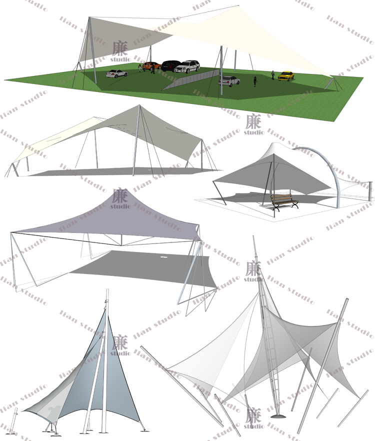 T27户外园林钢结构玻璃雨棚伸张拉膜遮阳棚帐篷SU/SKP草图...-7