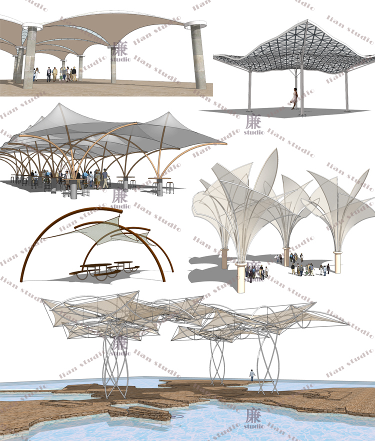 T27户外园林钢结构玻璃雨棚伸张拉膜遮阳棚帐篷SU/SKP草图...-4