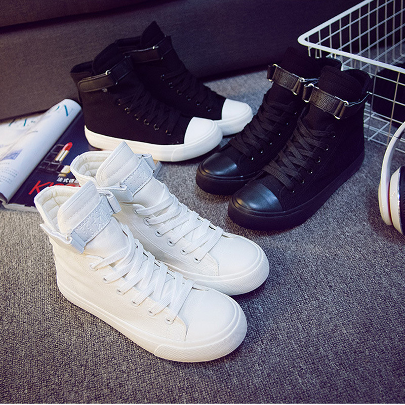 Feiyao Velcro Buckle Student High-Top All-Black Pure Black Canvas Shoes for Women, Fashionable Korean Style Versatile Height-Increasing Shoes