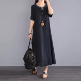 Утечка ~ японское платье из хлопка и льна с вышивкой в ​​этническом стиле, облегающее свободный льняной халат из рами с V-образным вырезом и короткими рукавами