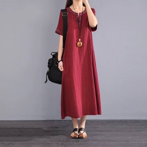 Утечка ~ японское платье из хлопка и льна с вышивкой в ​​этническом стиле, облегающее свободный льняной халат из рами с V-образным вырезом и короткими рукавами