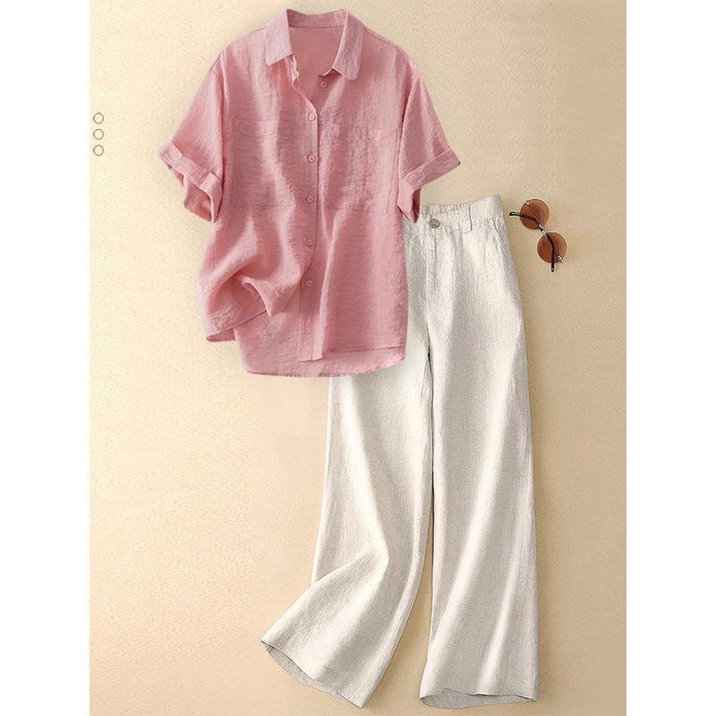 Plus Size Loose Linen Suit Women's Summer Short-Sleeved Shirt Top Casual High-Waisted Straight Wide-Leg Pants Cotton and Linen Two-Piece Set