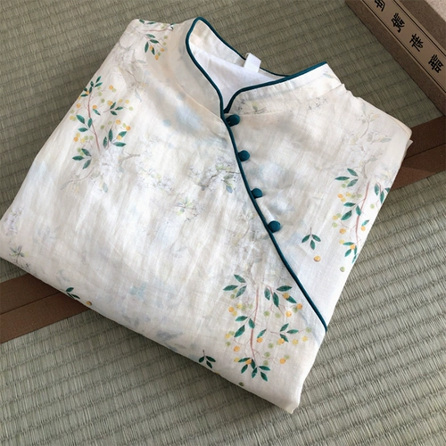 Внешнеторговый бренд, новый китайский стиль, улучшенная юбка Cheongsam рами с принтом, платье в стиле ретро с диагональными лацканами в национальном стиле, платье из хлопка и льна