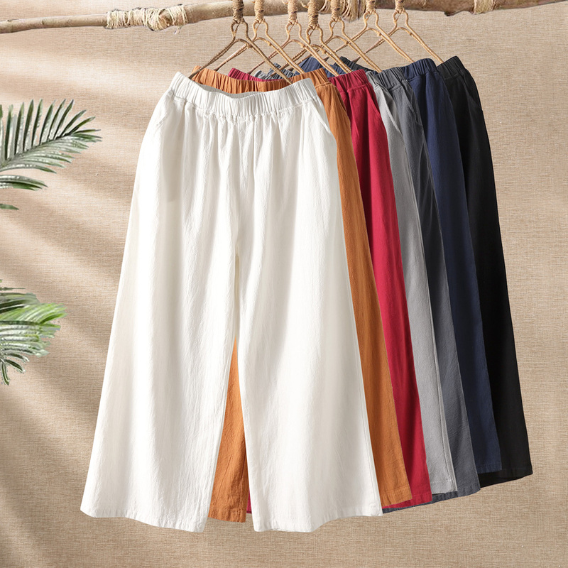 Japanese-Style Original Cotton and Linen Wide-Leg Pants for Women, Loose Fit, Plus Size, Elastic High Waist, Straight-Leg Casual Yoga Linen Cropped Pants Japanese-Style Original Cotton and Linen Wide-Leg Pants for Women, Loose Fit, Plus Size, Elastic High Waist, Straight-Leg Casual Yoga Linen Cropped Pants