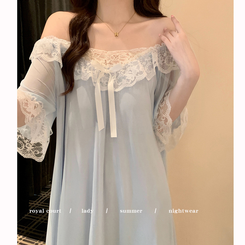 Palace-Style Lace Nightgown for Women, Summer 2026 New Model with Chest Pads, Mesh Blue Nightgown, Sexy Women's Style