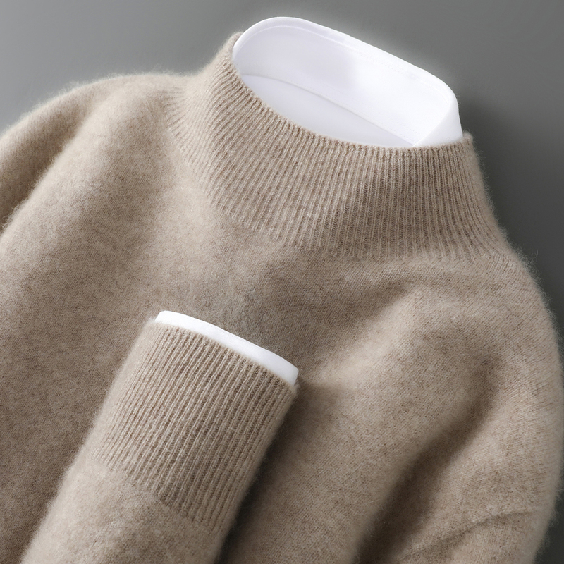 New Autumn and Winter 100% Pure Wool Sweater Men's Half Turtleneck Pullover Knitted Sweater Casual Loose Seamless Wool Sweater