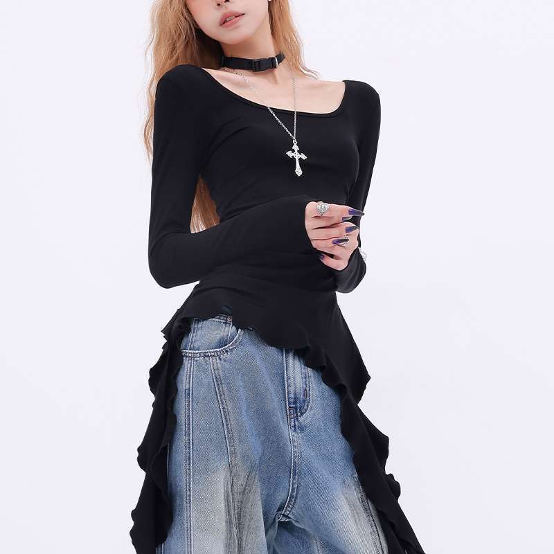 Black Ruffled Ribbon Bottoming T-Shirt for Women, Autumn and Winter Design, Niche Hot Girl Style, Slim Fit, Pleated Long-Sleeved Top